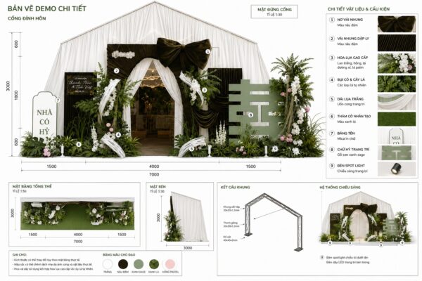 Bản vẽ concept trang trí gia tiên hiện đại với phong cách floral luxury dành cho lễ cưới tại TP.HCM