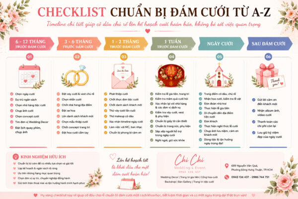 Timeline chuẩn bị đám cưới từ A-Z cho cô dâu chú rể gồm checklist lễ gia tiên, tiệc cưới, wedding decor và các công việc cần chuẩn bị trước ngày cưới.